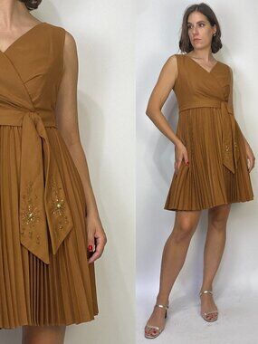 Vintage 1960s Brown BEADED Party Dress -- Small to Medium
